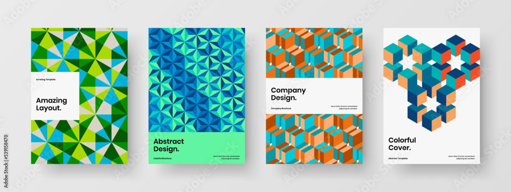 Original company brochure vector design layout bundle. Vivid mosaic tiles flyer template collection.