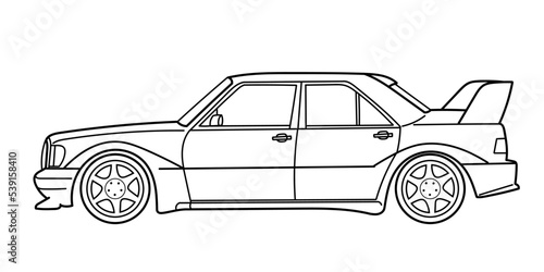 White classic sport tuning sedan car 90s style on white background. Vintage car in a vector doodle style