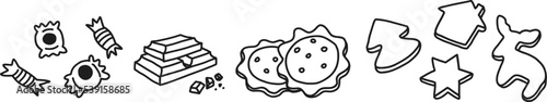 WebHand drawn doodle set of candies and cookies. Vector scribble illustration of different types of gingerbread cookies, lollipops in outline. Collection of rich pastries isolated on white background.