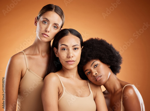 Beauty, diversity and skincare friends in studio, advertising natural, wellness and neutral product. Portrait, women and luxury model group bonding, grooming and hygiene routine for different people