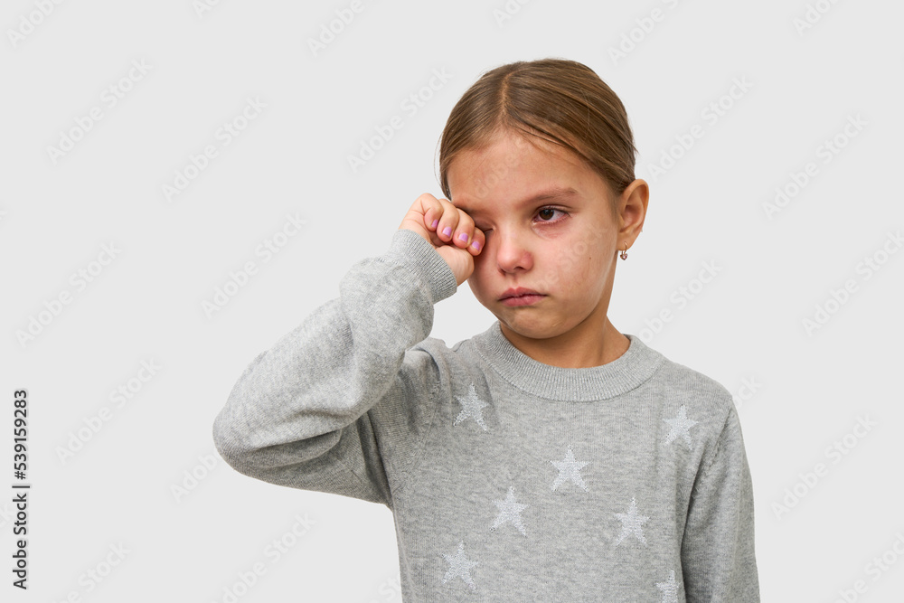 Cute Little Crying Girl On White Background With Copy Space Stock Photo Cute Little Crying Girl On White Background With Copy Space Stock Photo