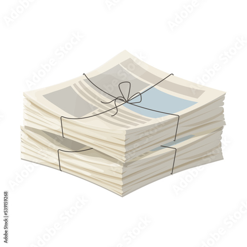 Newspaper pile, stack of magazine with rope in cartoon style isolated on white background. 