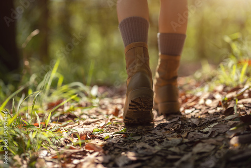 Woman hiker hiking on forest trail