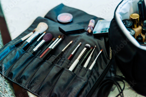 Professional visagiste workspace. Makeup tools. photo