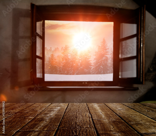 Blick durch ein geöffnetes Fenster auf einen veschneiten Wald