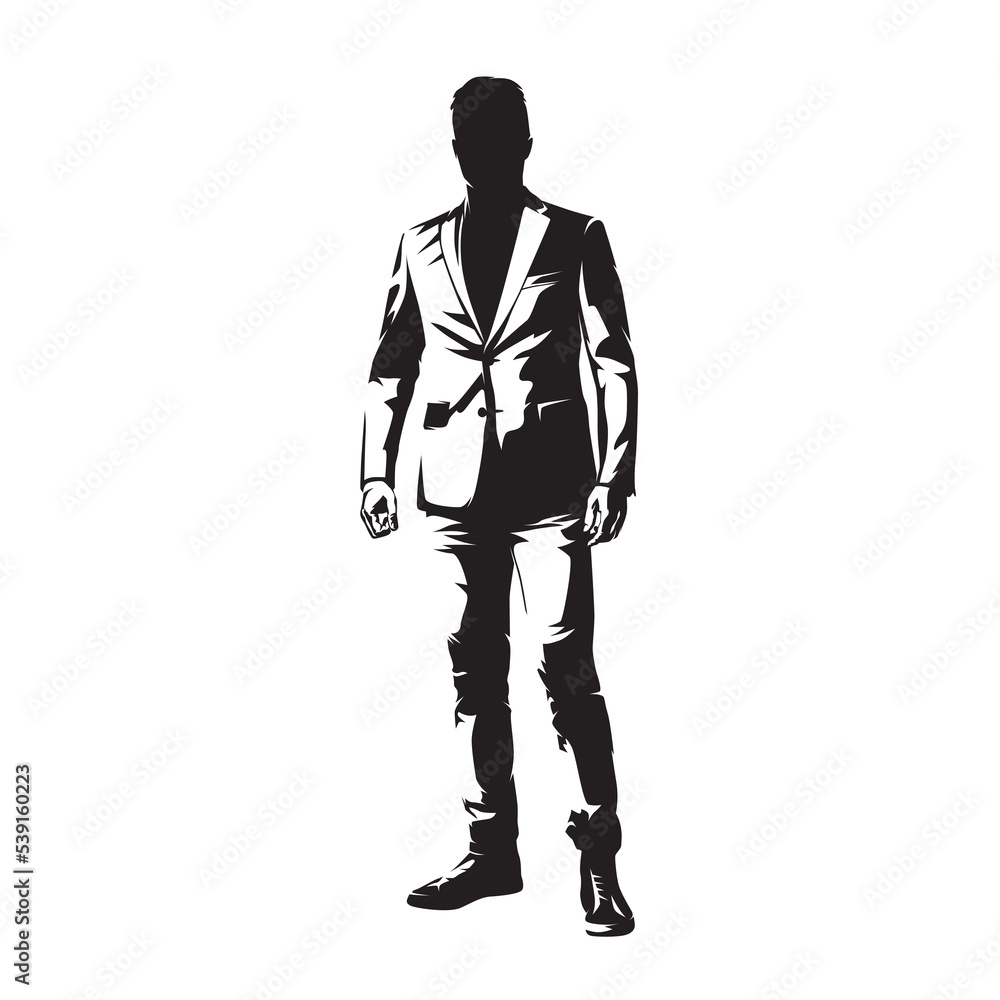 Businessman standing in suit, front view, isolated vector silhouette