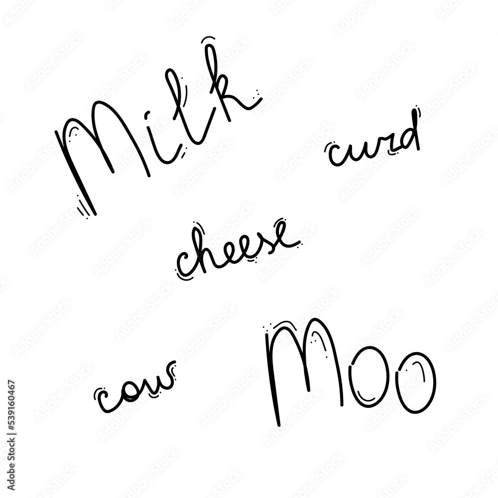 hand drawn words milk moo cheese cow curd hand drawn words milk moo cheese cow curd