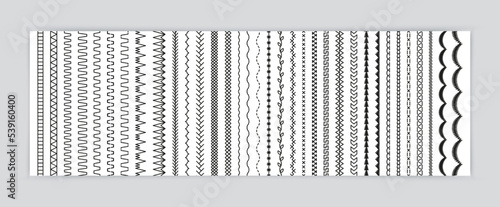 Seamless pattern. Overlock fabric elements. Embroidery stitches. Sewing seams. Set of machine thread sew brushes. Outline border isolated on white background. Simple design. Vector illustration.