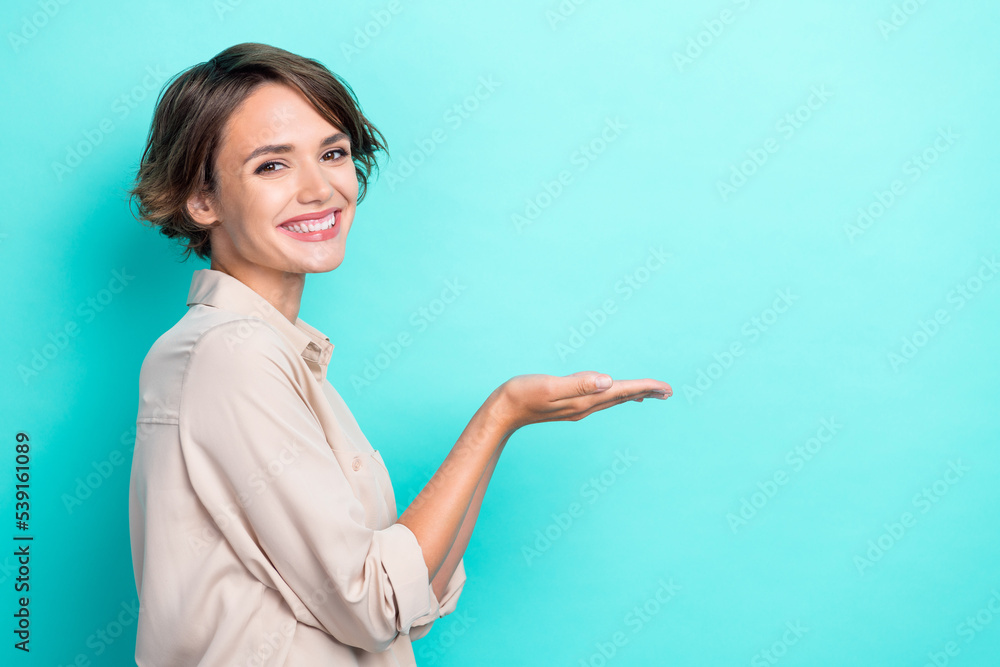 Profile photo of young cute business owner lady toothy beaming smiling hold palms demonstrating you new clinic veneers isolated on cyan color background Profile photo of young cute business owner lady toothy beaming smiling hold palms demonstrating you new clinic veneers isolated on cyan color background