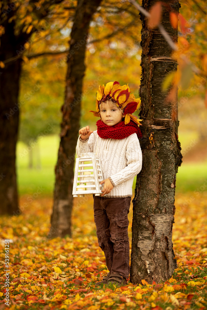 Adorable little child, blond boy with crown from leaves in park on autumn day. Adorable little child, blond boy with crown from leaves in park on autumn day.