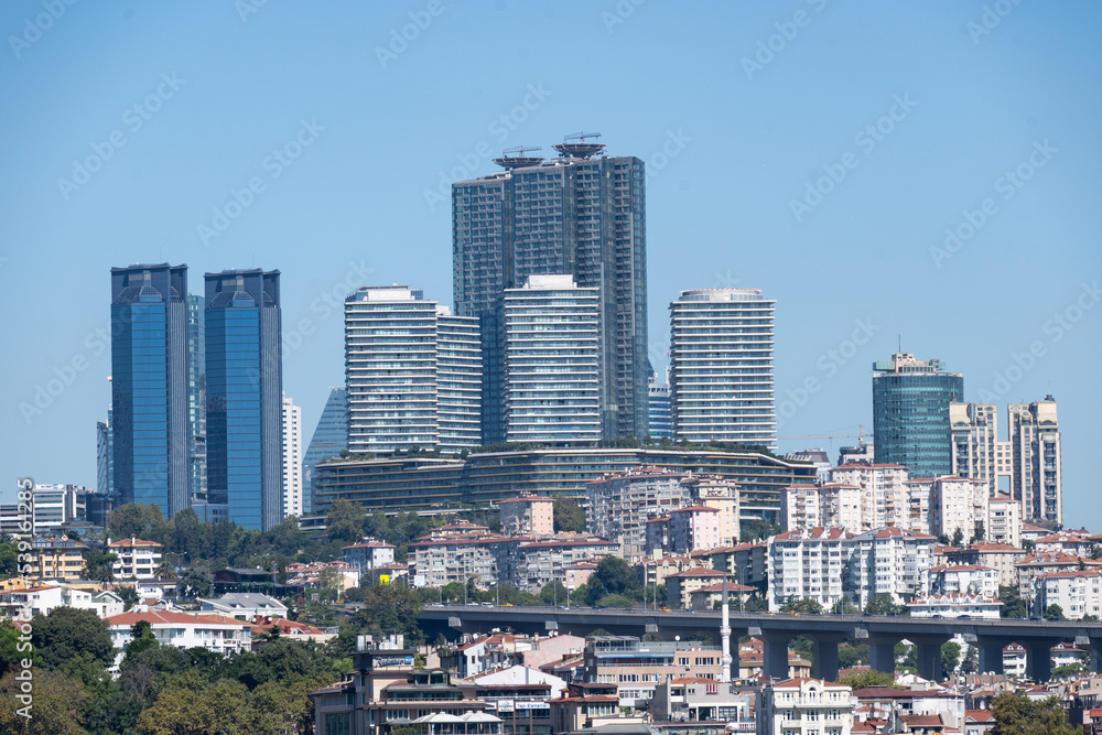Skyscrapers of istanbul behind the Bosphorous, financial district of Turkey