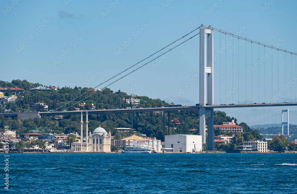 Istanbul next to the 15 Temmuz bridge, aerial view of the Bosporous shore
