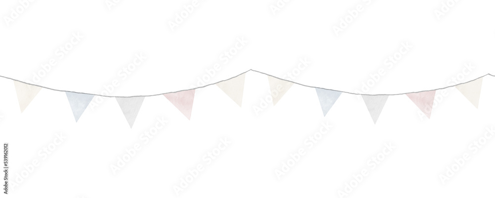 Seamless Border with party Garland. Watercolor hand drawn Pattern with Pennants in cute pastel blue and pink colors. Decoration for baby boy or girl festival. Ornament for banner