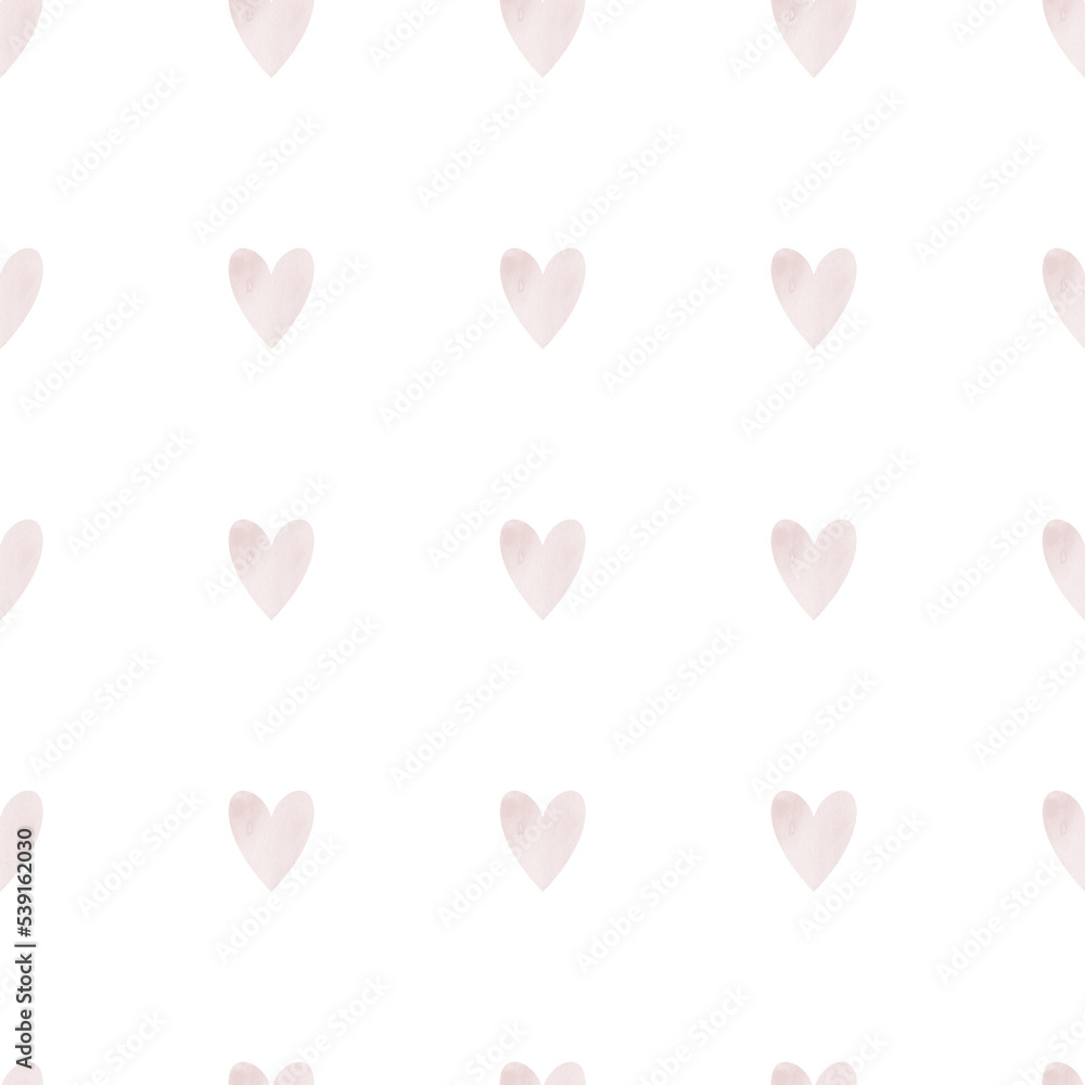 Watercolor Hearts seamless background. Pink hand drawn Pattern. Colorful romantic texture in cute pastel colors for wrapping paper or textile design