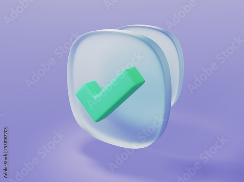 Check mark sign with glass elements in glassmorphism style on isolated background 3d rendering photo