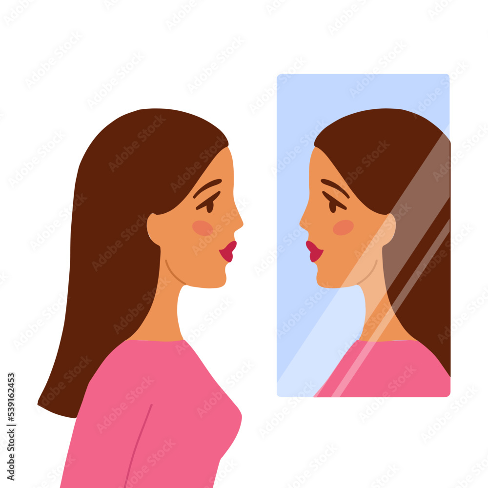 Attractive woman look in the mirror. Self confident person. Beautiful reflection in the mirror
