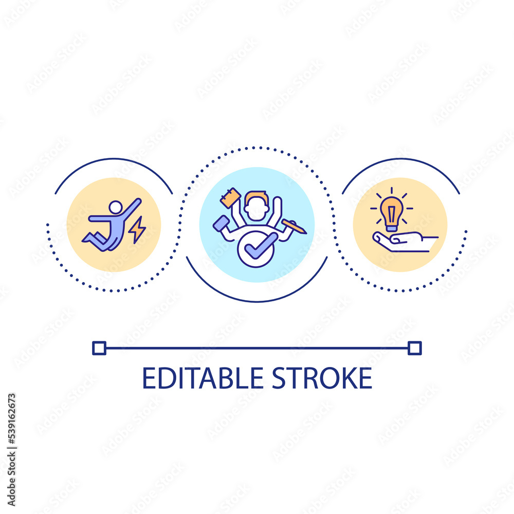 Multitasking skills loop concept icon. Productivity in workplace. Talented employee abstract idea thin line illustration. Isolated outline drawing. Editable stroke. Arial font used Multitasking skills loop concept icon. Productivity in workplace. Talented employee abstract idea thin line illustration. Isolated outline drawing. Editable stroke. Arial font used