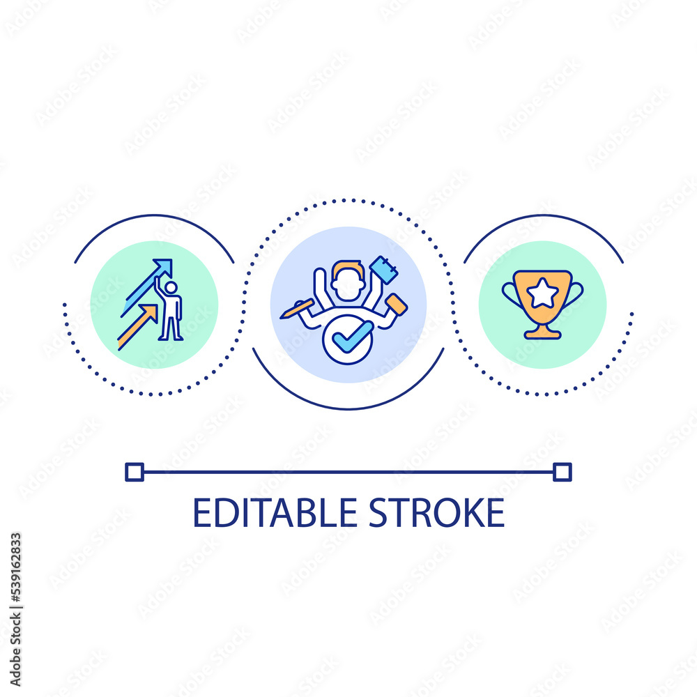 Productive work for result loop concept icon. Variety business tasks. Corporate development abstract idea thin line illustration. Isolated outline drawing. Editable stroke. Arial font used Productive work for result loop concept icon. Variety business tasks. Corporate development abstract idea thin line illustration. Isolated outline drawing. Editable stroke. Arial font used