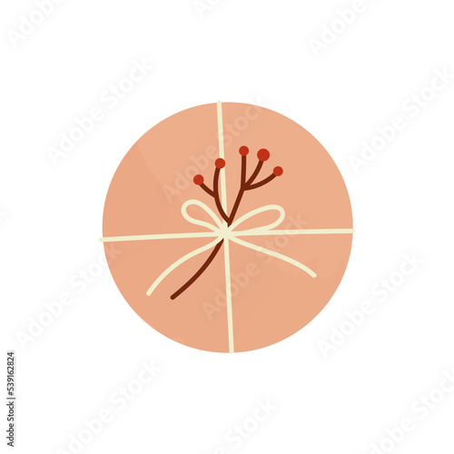 Christmas gift in kraft paper with round shape. Cute present box in craft wrapping flat vector illustration isolated on white background.