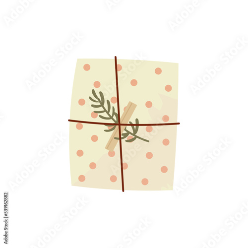 Christmas gift in kraft paper with circle pattern. Cute present box in craft wrapping flat vector illustration isolated on white background. Top view.
