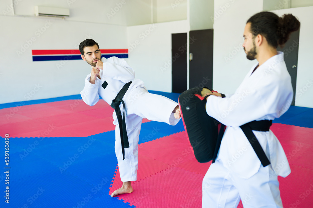 Young men training together taekwondo