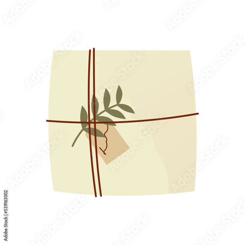 Christmas gift in kraft paper with cute decoration. Present box in craft wrapping flat vector illustration isolated on white background.