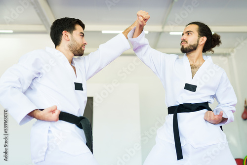 Male fighters training taekwondo or karate