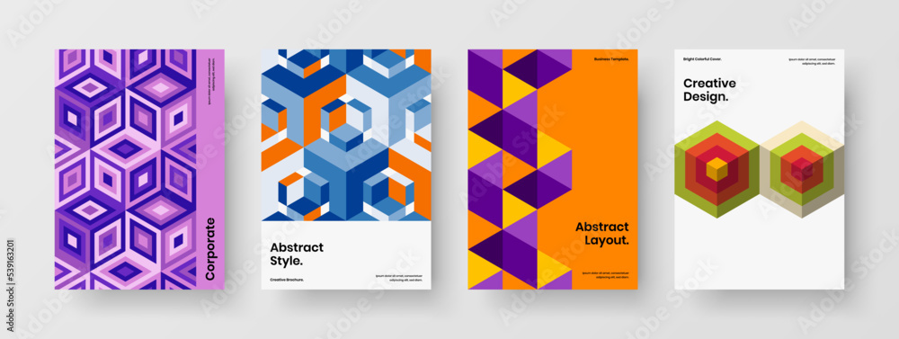 Vivid mosaic shapes book cover concept collection. Bright company brochure vector design layout composition.