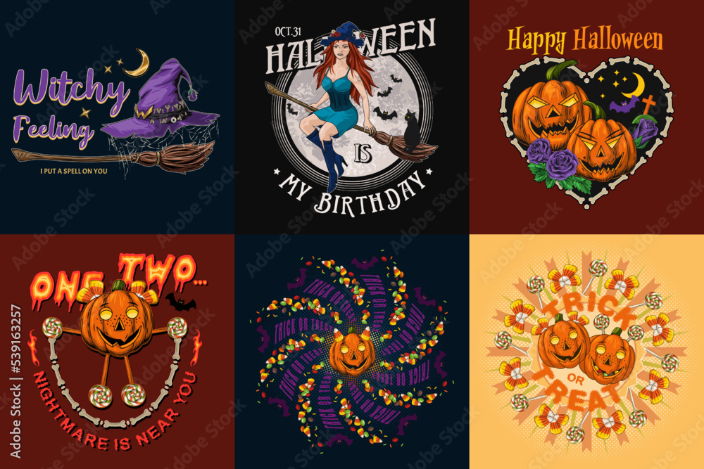 Set of halloween vintage emblems with beautiful witch, candy, bones, full moon, broomstick, text pumpkins like human characters such as happy kids. Bright colorful creative illustrations