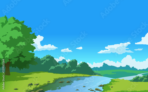 Vector landscape with hills and road  sky and clouds. Anime cartoon style. Background design