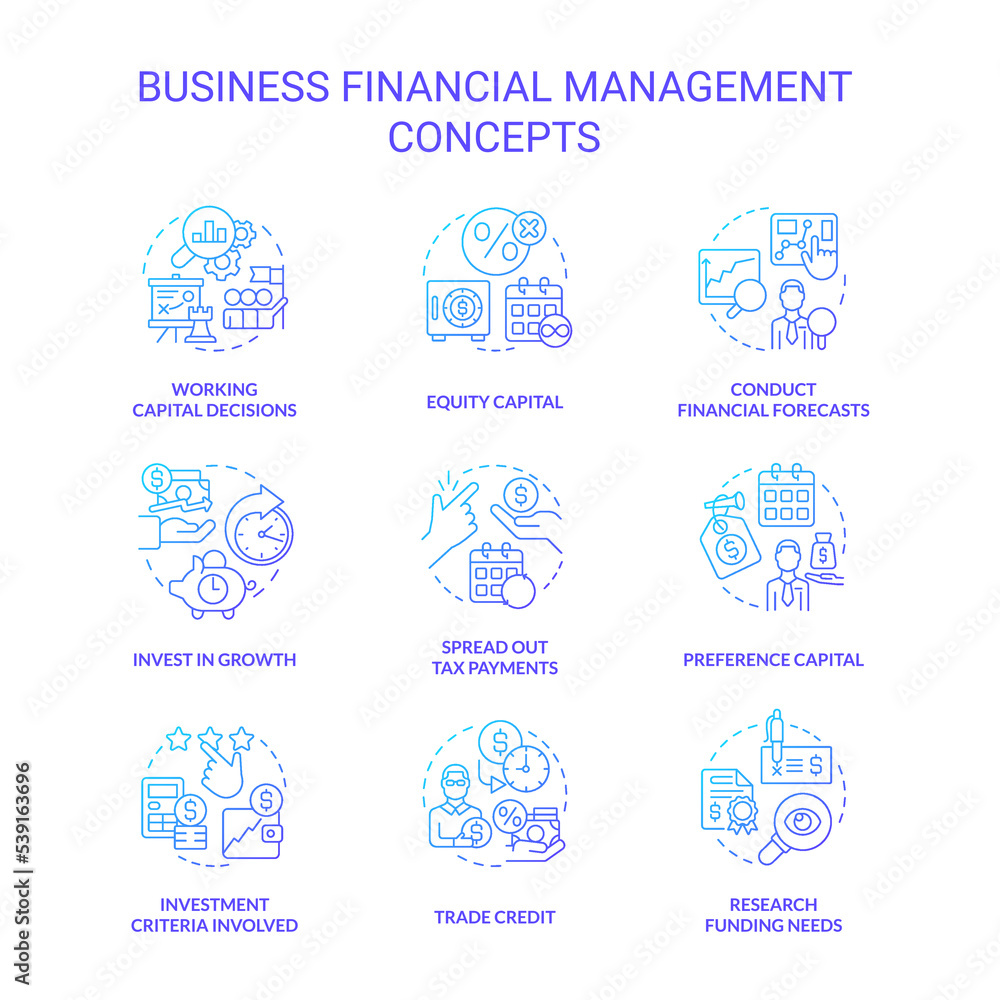 Business financial management blue gradient concept icons set. Enterprise strategy and approach idea thin line color illustrations. Isolated symbols. Roboto-Medium, Myriad Pro-Bold fonts used