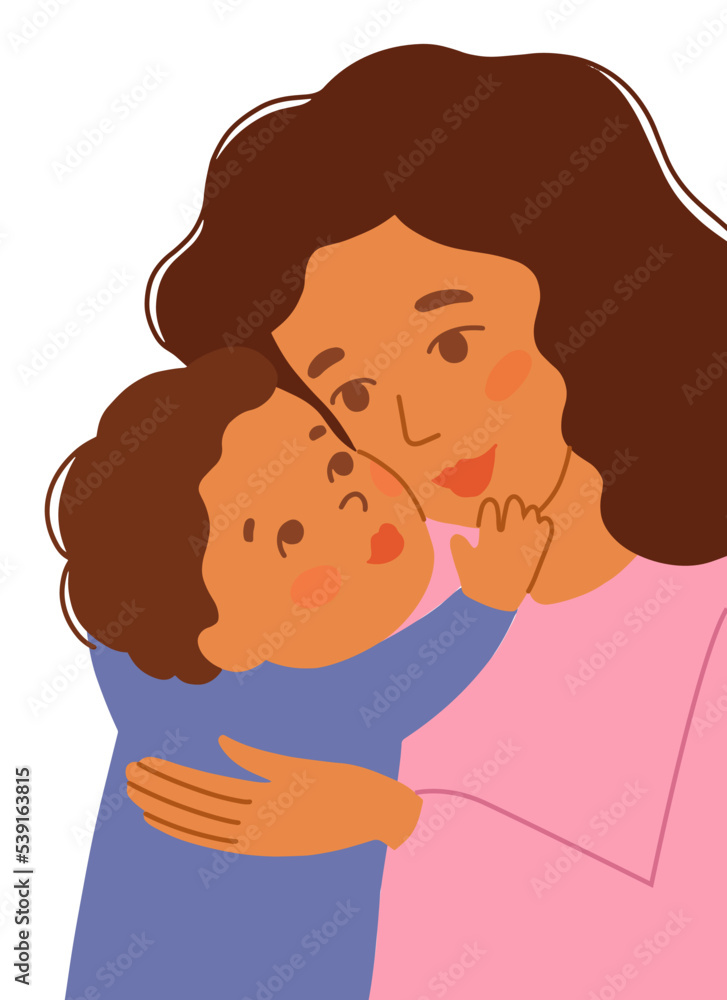 Mother hugs the baby. happy motherhood. Minimalistic cute picture. The kid loves his mom.