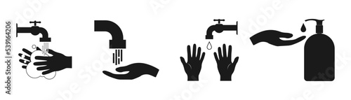 Preventive measures icons how not to get a virus. Wash hands and wear medical masks