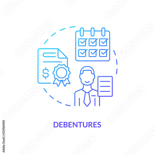 Debentures blue gradient concept icon. Debt instrument. Finance. Source of long term financing abstract idea thin line illustration. Isolated outline drawing. Myriad Pro-Bold font used