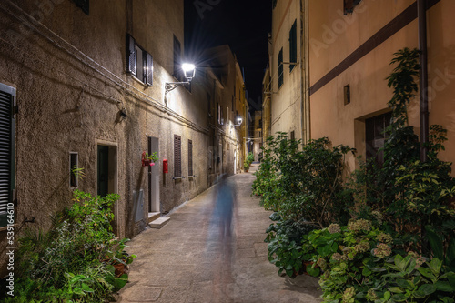 Fototapeta Naklejka Na Ścianę i Meble -  Enge Gasse in der Altstadt von Catselsardo auf Sardinien bei Nacht