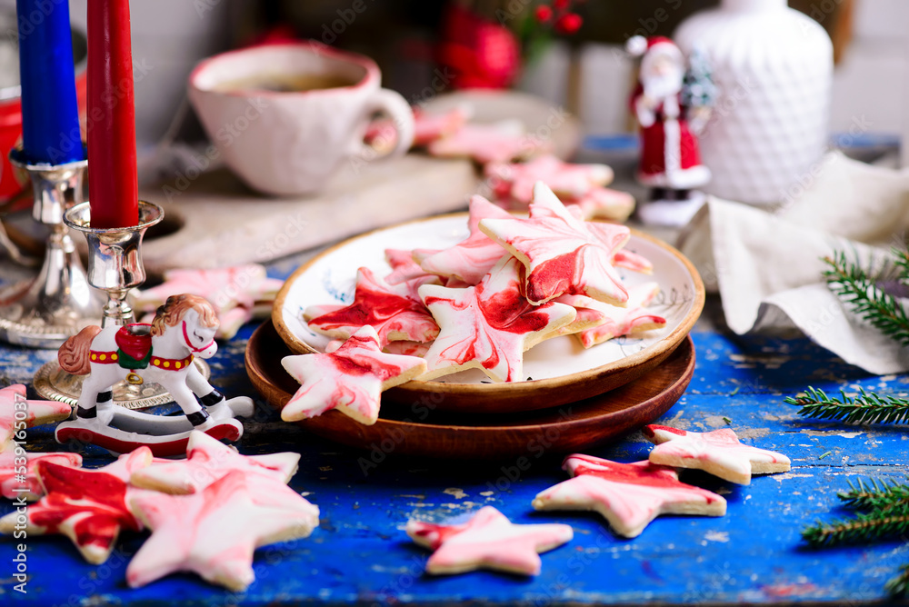 Christmas cookies marble stars in christmas background