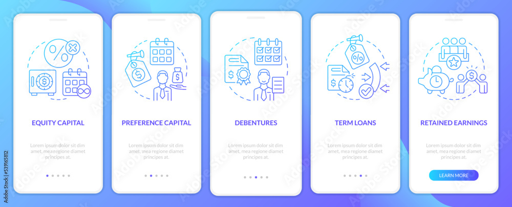 Sources of long term financing blue gradient onboarding mobile app screen. Walkthrough 5 steps graphic instructions with linear concepts. UI, UX, GUI template. Myriad Pro-Bold, Regular fonts used Sources of long term financing blue gradient onboarding mobile app screen. Walkthrough 5 steps graphic instructions with linear concepts. UI, UX, GUI template. Myriad Pro-Bold, Regular fonts used