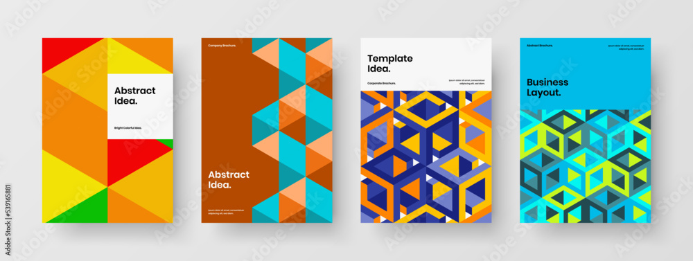 Trendy mosaic hexagons magazine cover layout set. Colorful postcard vector design concept collection.