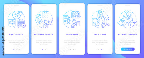Sources of long term financing blue gradient onboarding mobile app screen. Walkthrough 5 steps graphic instructions with linear concepts. UI, UX, GUI template. Myriad Pro-Bold, Regular fonts used