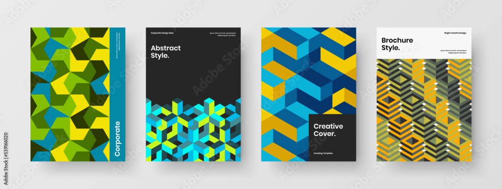 Unique corporate brochure vector design template collection. Colorful geometric tiles postcard illustration bundle.