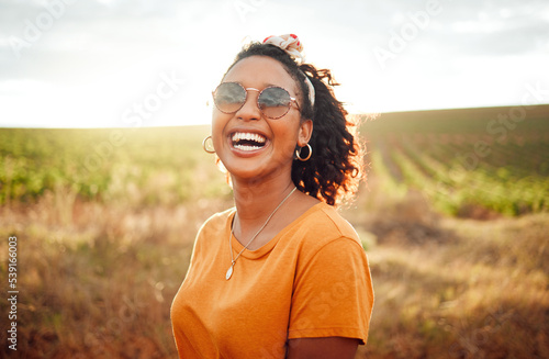 Happy, farm and black woman on holiday in the countryside of Colombia for adventure, peace and calm in summer. Face portrait of African girl with smile for travel vacation in agriculture and nature photo