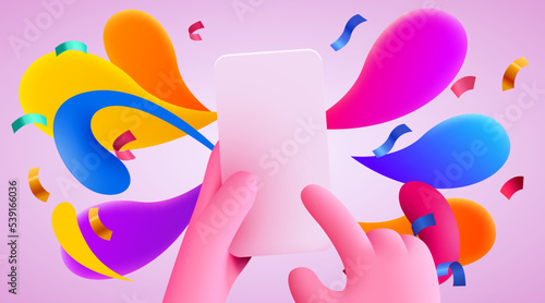 Holding phone in two hands. Phone mockup. Color explosion. Touching screen with finger.