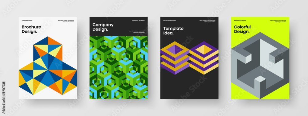 Isolated presentation vector design illustration set. Multicolored mosaic hexagons catalog cover layout bundle.