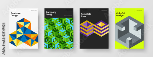 Isolated presentation vector design illustration set. Multicolored mosaic hexagons catalog cover layout bundle.