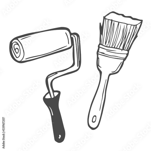 Paint roller and brush icon. Colored outline silhouette. Vector flat graphic illustration. Isolated object on a white background. Isolate.