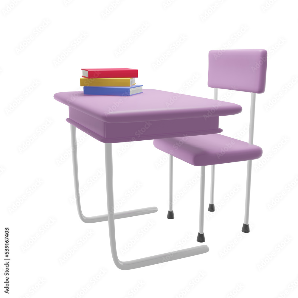 3D rendering of a school desk and chair, with stacks of books on the table. Suitable for school and college illustrations