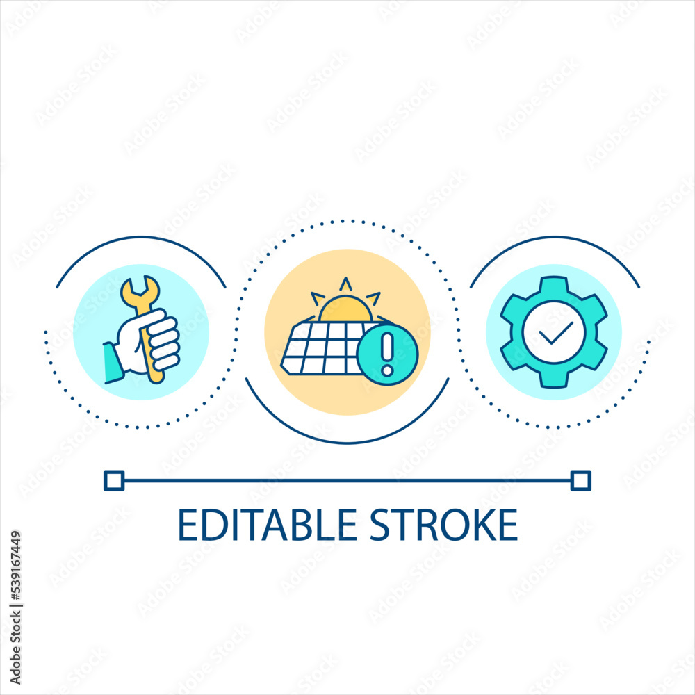 Alternative energy setup loop concept icon. Sun power for home. Solar panel installation abstract idea thin line illustration. Isolated outline drawing. Editable stroke. Arial font used Alternative energy setup loop concept icon. Sun power for home. Solar panel installation abstract idea thin line illustration. Isolated outline drawing. Editable stroke. Arial font used