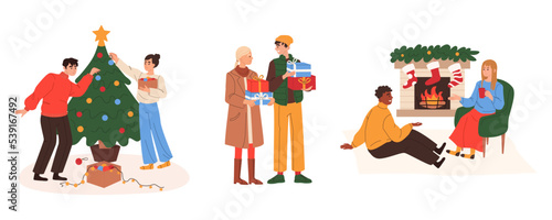 Happy couples preparing for Christmas holidays at home. People decorating Xmas tree, presenting and buy gifts. Preparation for winter holidays. Set of flat vector illustrations isolated.