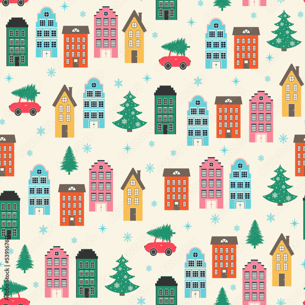 Christmas seamless pattern with winter houses in retro style. Happy New Year background. Season greeting. Vector Christmas illustration. 