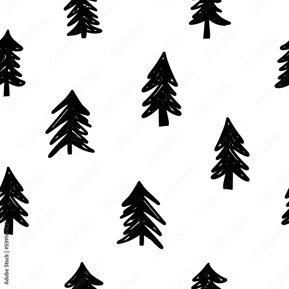 Fototapeta premium Abstract black trees seamless vector pattern. Needle tree, forest, doodle hand drawn repeating background black white monochrome. Christmas trees modern. For gift wrap, winter holiday decor, fabric.